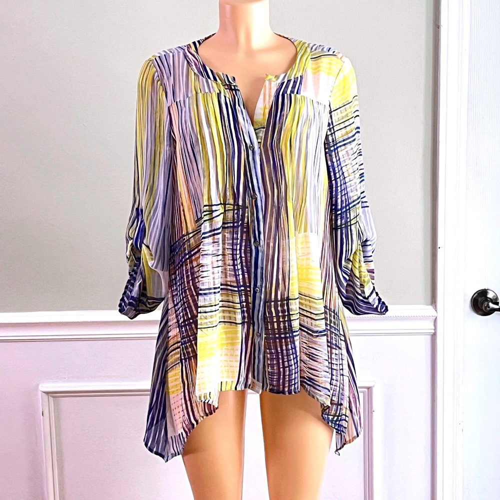 Chaus Tunic Blouse‎ Womens M Striped Yellow Purple Boho Vibrant Top Flowy